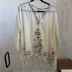 Johnny Was Cream Blouse with Multicolor Embroidery